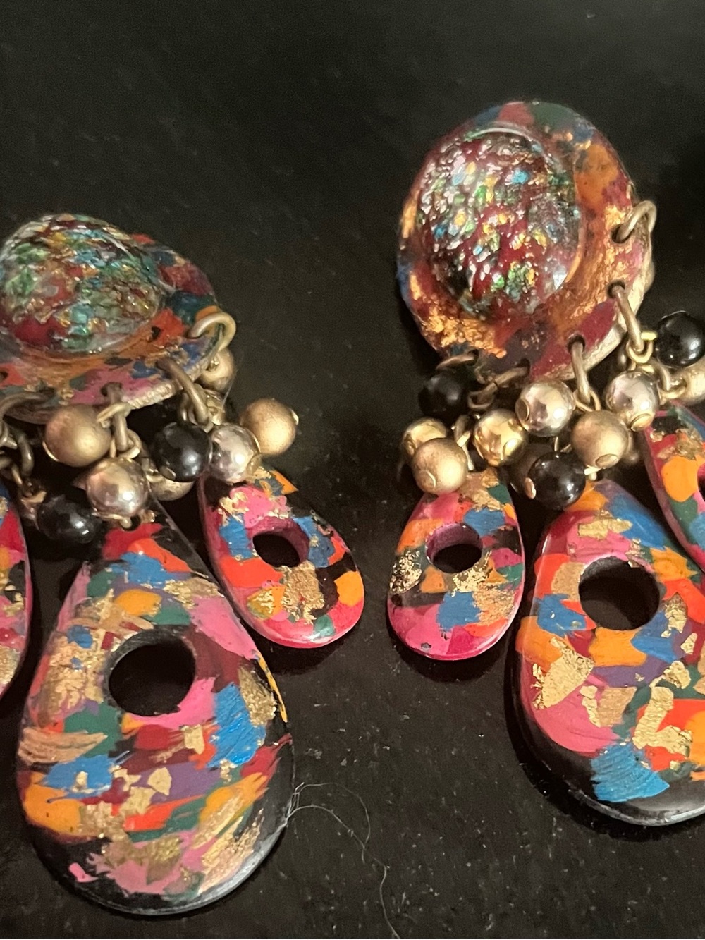 Vintage Ikarami Multicolor Painted Drop Earrings with Gold Accents